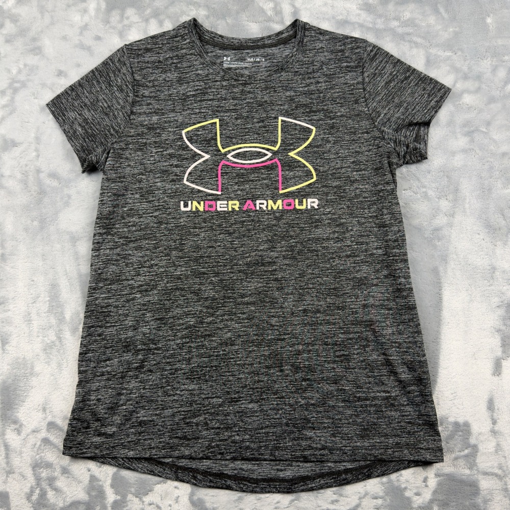 Under Armour Girls Gray Heathered Logo Graphic Activewear T-Shirt Size Large YLG